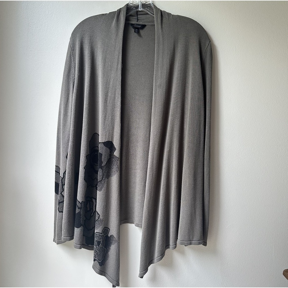 Soma Flyaway Cardigan Large Green Black Floral Embroidery Open Front Casual